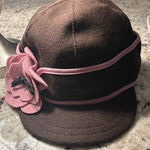 Brown Wool Hat with Pink Flower Accent